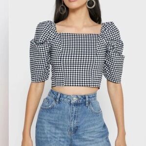 top shop black & white gingham puff sleeve crop top